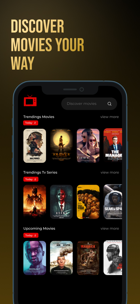 Seeker App-Oberfläche, die angesagte Filme und TV-Serien mit Filmplakaten und einer Suchleiste zeigt