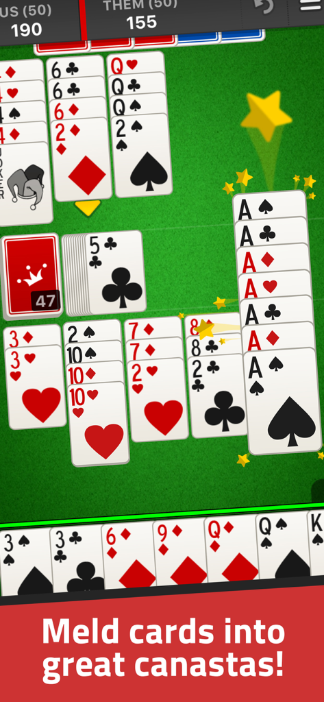Canasta Jogatina: Card Games - Gameplay of Canasta Jogatina showing a card meld of seven aces on a green background with a banner reading Meld cards into great canastas.