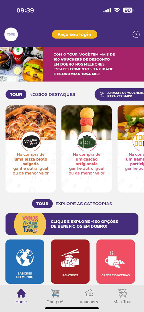 Tour Ribeirão Preto - Tela inicial do aplicativo Tour Ribeirao Preto com vouchers de jantar compre um, ganhe outro e categorias de restaurantes