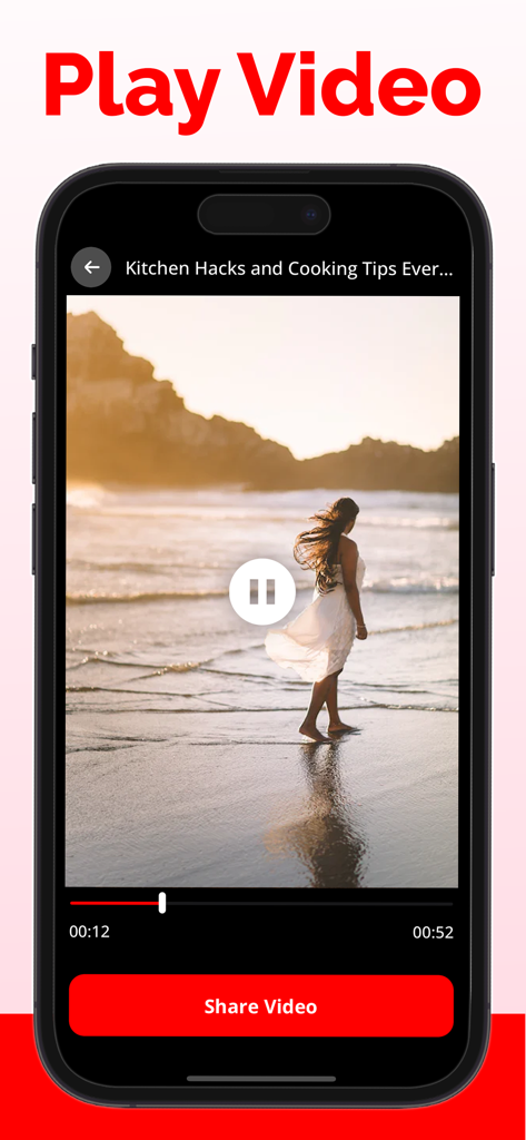 Video Saver : Video Downloader - Video Saverアプリのインターフェース。一時停止ボタンと共有オプションが表示された内蔵ビデオプレーヤーが表示されています。