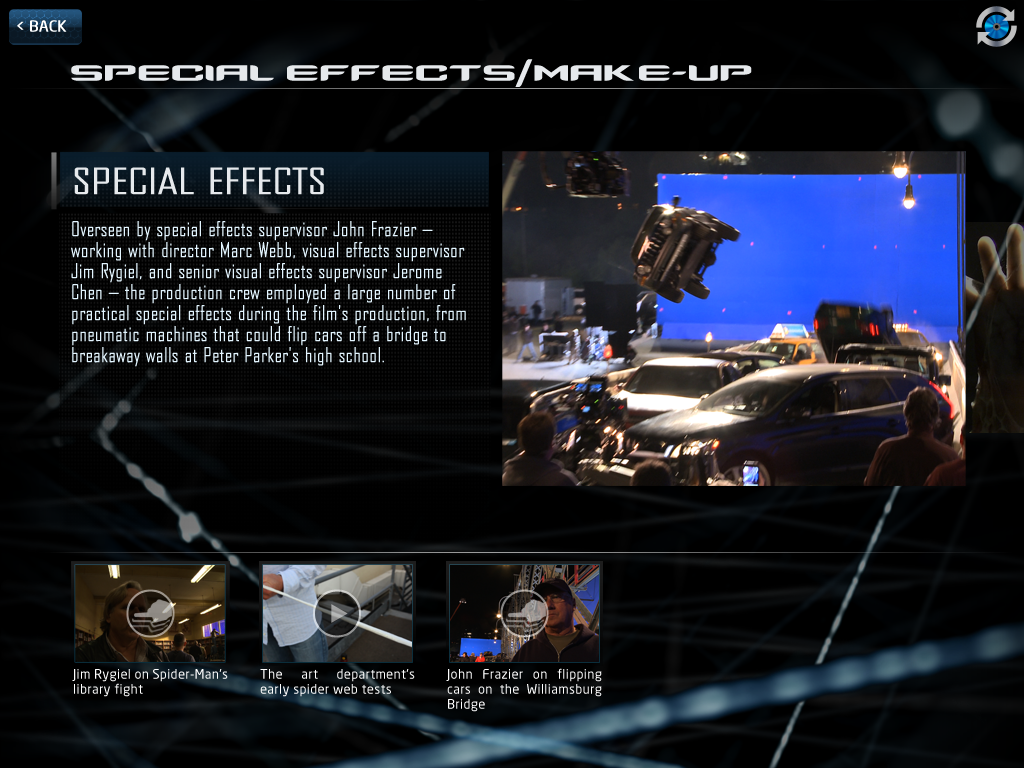 The Amazing Spider-Man Second Screen App - アメイジング・スパイダーマン セカンドスクリーンアプリのインターフェースにある特殊効果の制作ノートと舞台裏ビデオ。