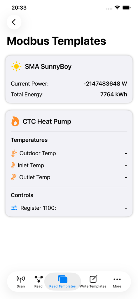 Modbus TCP Pro - Modbus TCP Pro app interface showing read templates for solar inverters and heat pumps