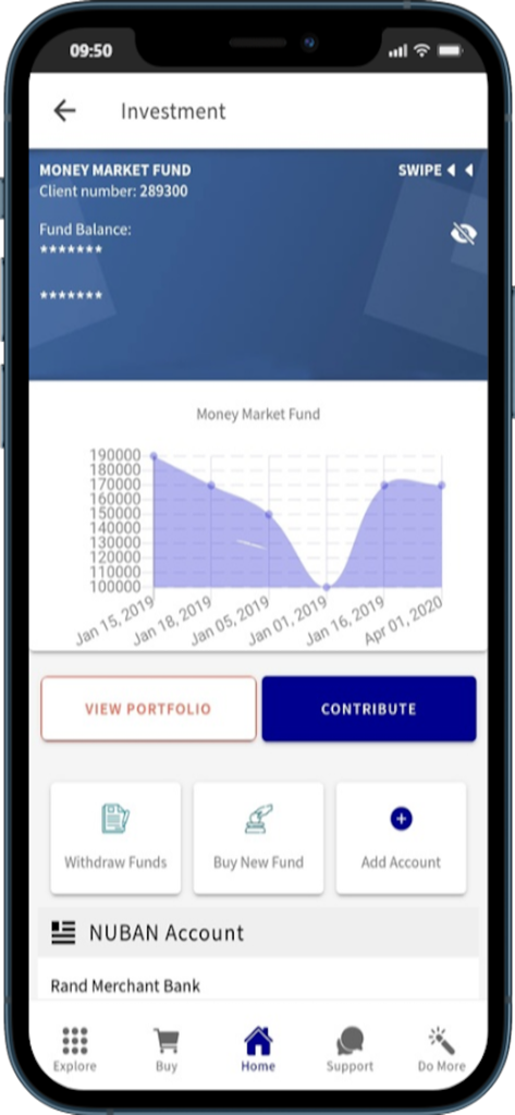 Dashboard degli investimenti nell'app MyAXA Plus che mostra un grafico della performance di un fondo monetario e le opzioni di gestione