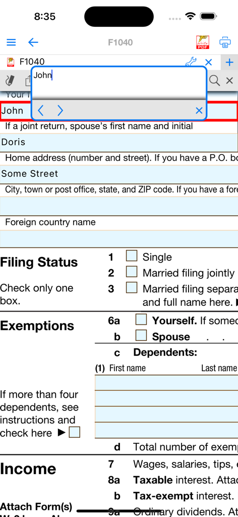 iPhoneのWritePDFアプリを使用して税務フォームに記入しているユーザー