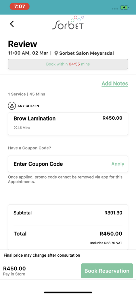 Ein Buchungsübersichtsbildschirm in der Sorbet Group App, der Details für eine Augenbrauenlaminierungsbehandlung anzeigt.