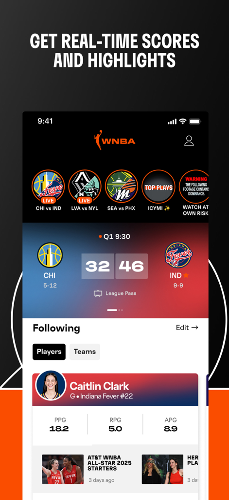 WNBA: Live Games & Scores - WNBA app interface showing real-time game scores and player stats for Caitlin Clark