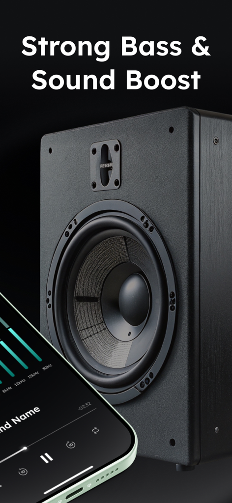 Music Equalizer: Audio Booster - Smartphone mostrando la aplicación de ecualizador de música junto a un gran altavoz de graves profesional