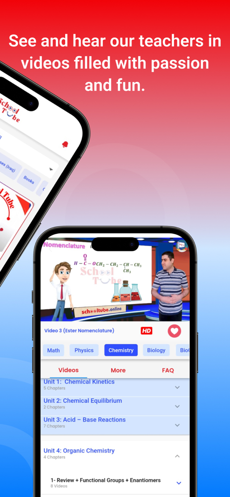 SchoolTube - SchoolTube mobile app interface showing a high-definition chemistry video lesson and curriculum list