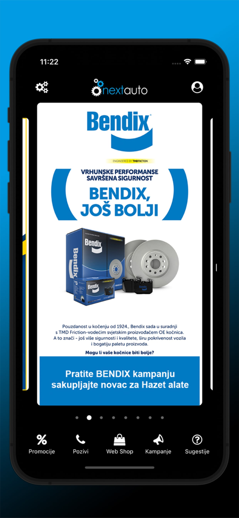 Pantalla de la aplicación móvil NextAuto mostrando una promoción de piezas de frenos Bendix