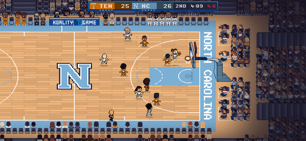 Hoop Land - Jugabilidad retro de pixel art de Hoop Land que muestra un partido de baloncesto universitario entre Tennessee y North Carolina