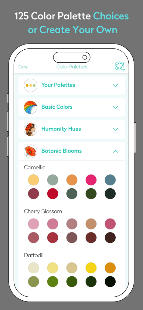 Captura de pantalla de la aplicación de libros de colorear para adultos Chroma que muestra varias paletas de colores seleccionadas, incluidos los esquemas de color Botanic Blooms con Camelia, Cerezo en flor y Narciso.
