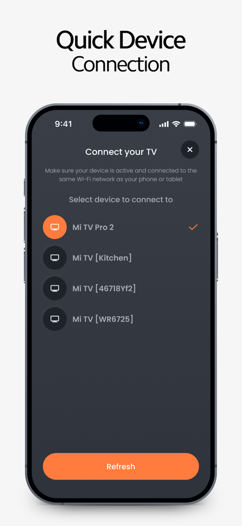 MI Remote・TV Box Controller - An iPhone screen displaying the quick device connection menu for the MI Remote app with a list of available Mi TV devices.