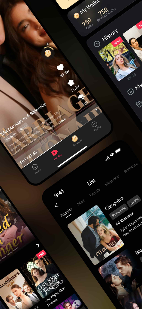 MomeShort - dramas & storyline - Capturas de pantalla de la aplicación MomeShort que muestran videos verticales de dramas románticos y una biblioteca de contenido.
