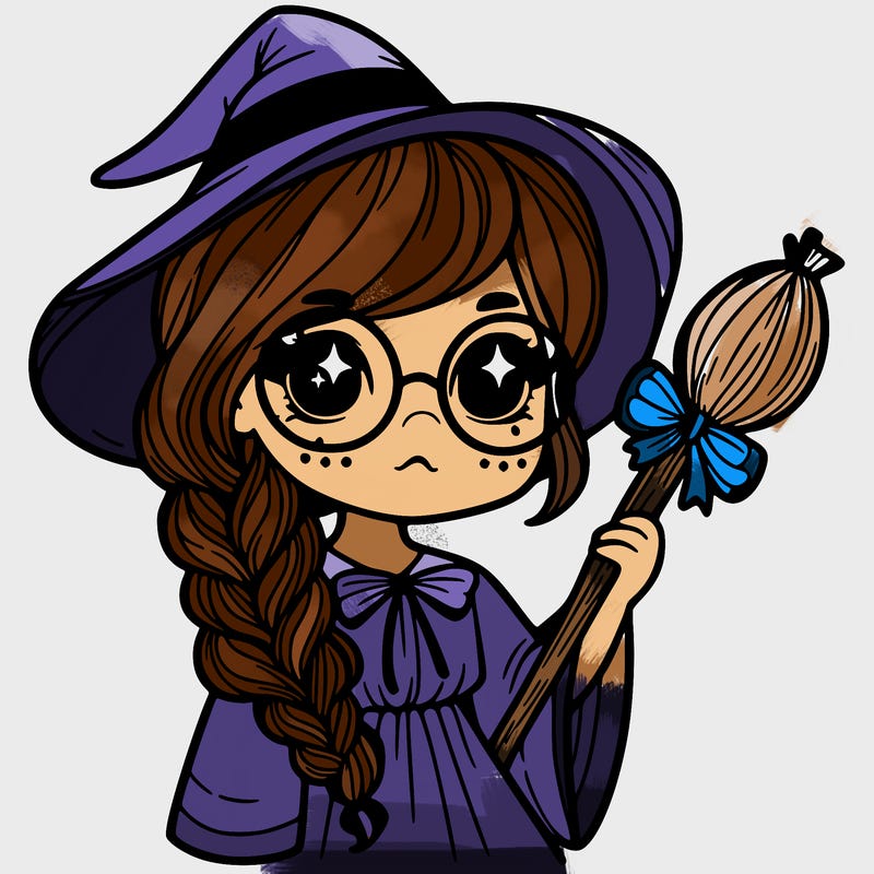 a witch with a braid and two glasses