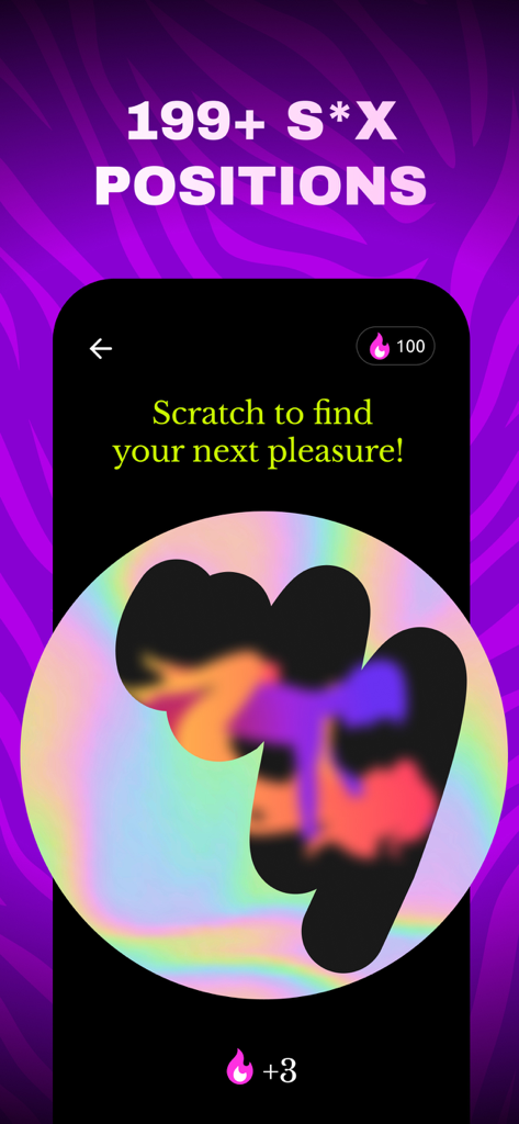 Uma interface de aplicativo móvel apresentando um jogo de raspar para revelar intimidade e posições românticas para casais