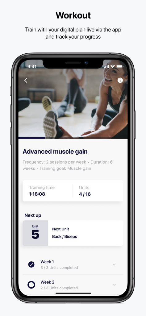 L Orange bleue app showing a muscle gain training plan and workout progress