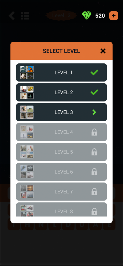 4 Pics 1 Word Puzzle - The level selection screen for 4 Pics 1 Word Puzzle showing completed levels and locked progress