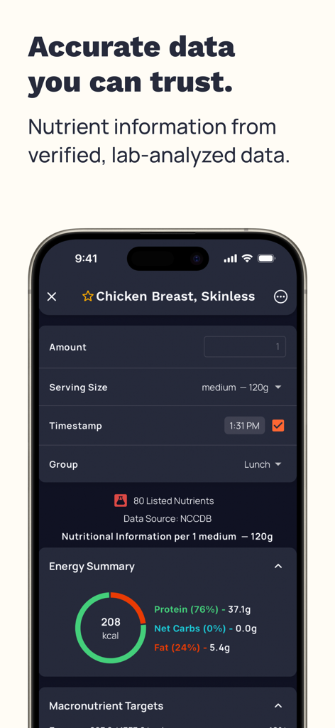 Cronometer app screen showing verified nutrient information and energy summary for a food item