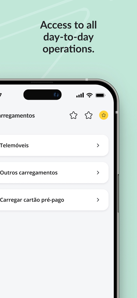 Banco Montepio mobile app screen displaying options for daily banking operations and mobile phone top ups