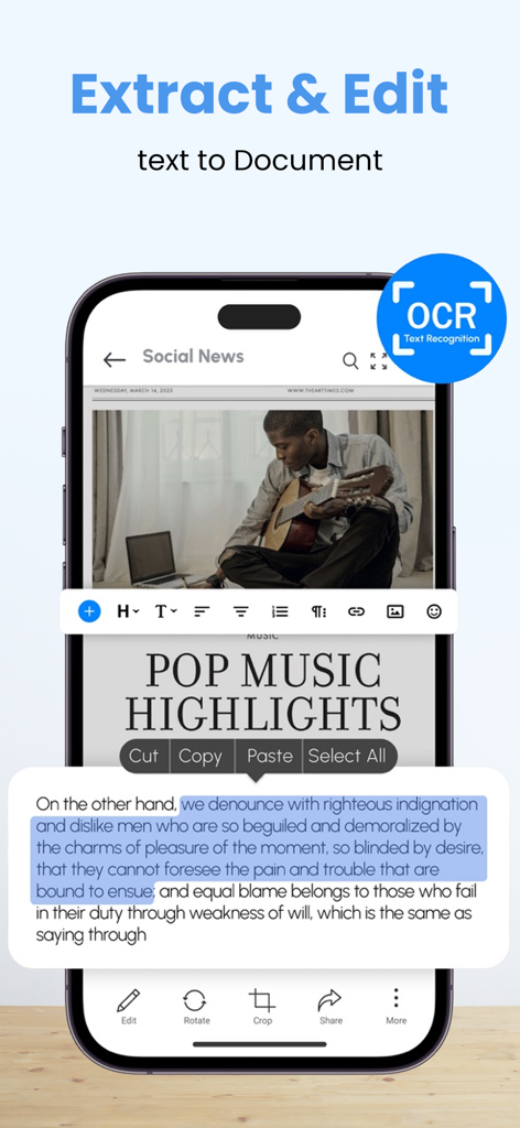 OCRテキスト認識と、スキャンされたドキュメントからのテキスト編集を示すモバイルアプリのインターフェース。