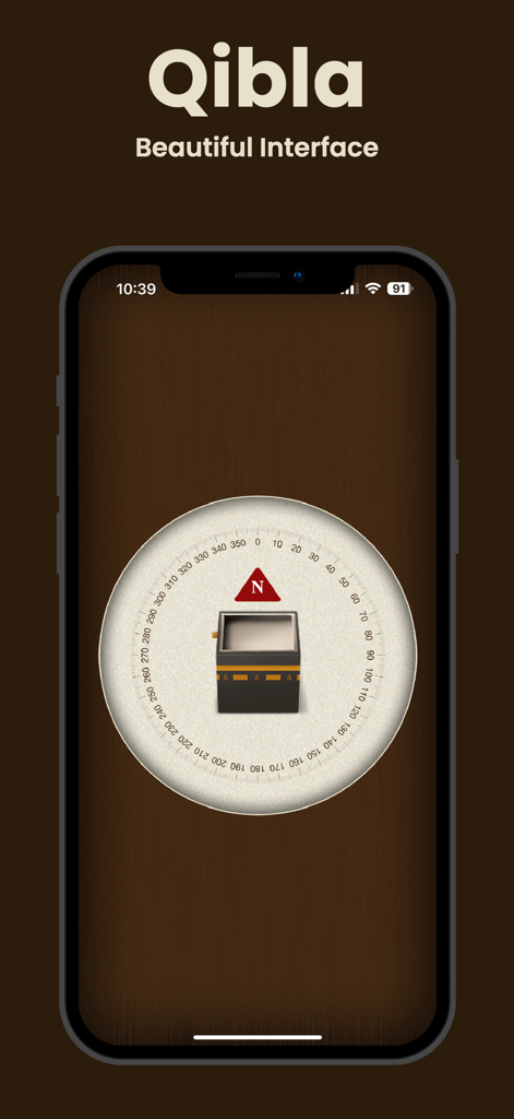 Tela de smartphone exibindo uma interface de bússola Qibla simples e limpa com um ícone da Caaba