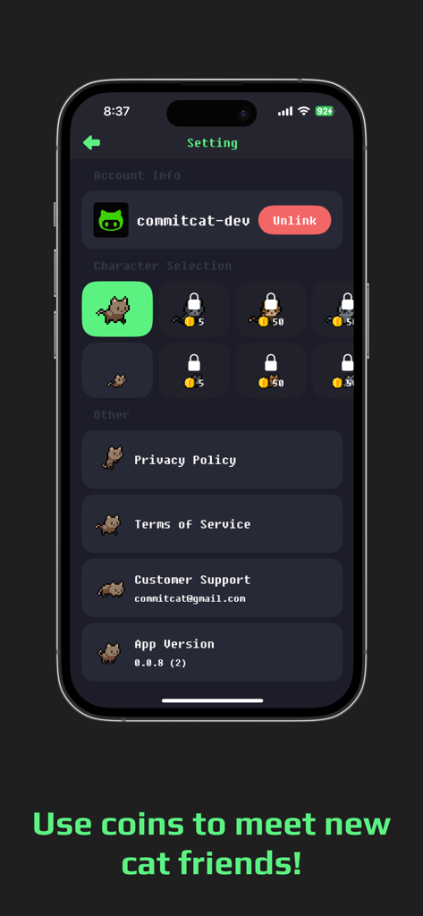 CommitCat - Focus, Commit - CommitCat app settings screen showing GitHub account connection and pixel art cat character selection.