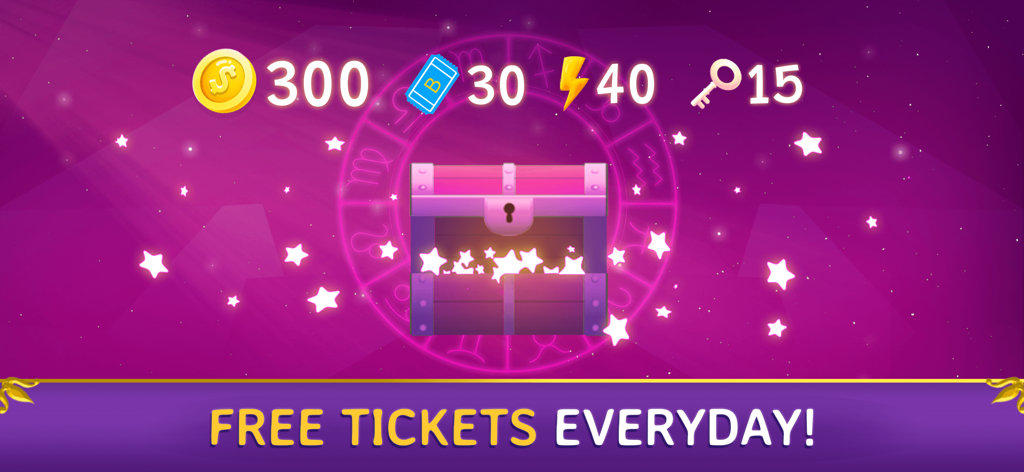 Zodi Bingo Live & Horoscope - 매일 무료 티켓이라는 문구가 있는 조디 빙고 앱의 빛나는 보물 상자