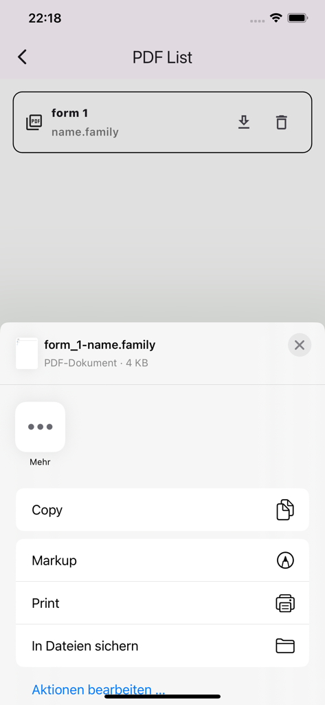 エクスポートおよび共有する完了済みフォームのオプションが表示されているForm MakerのPDFリスト画面