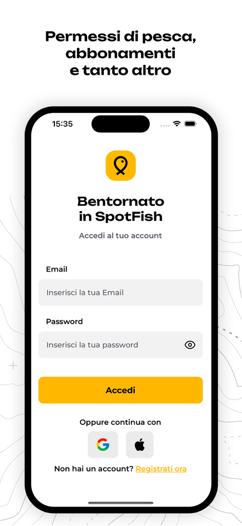 SpotFish - Fishing Spots - Login screen for the SpotFish fishing app featuring email and password fields for accessing fishing permits.