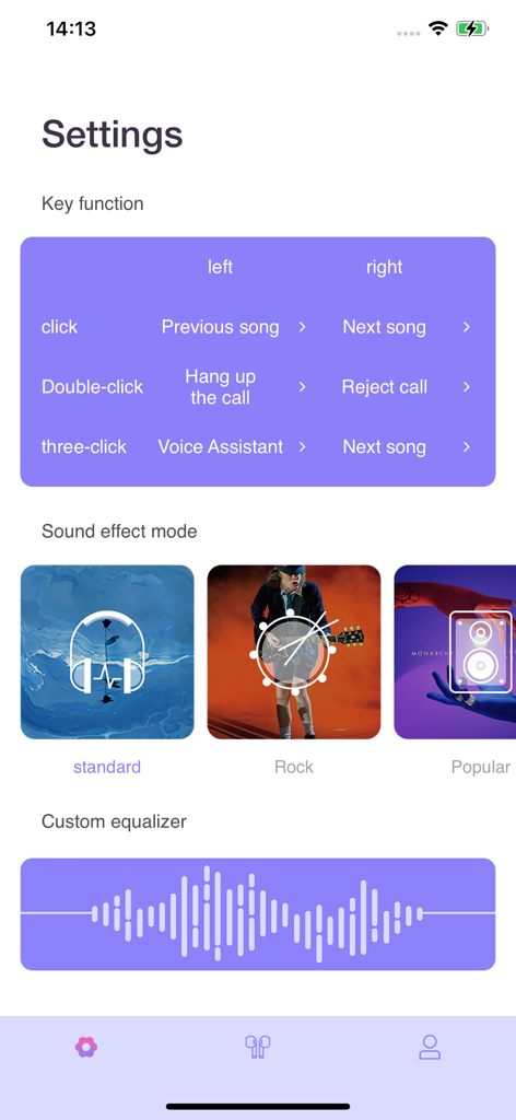 TechWear - TechWear app settings menu showing gesture function mapping and sound effect mode selection