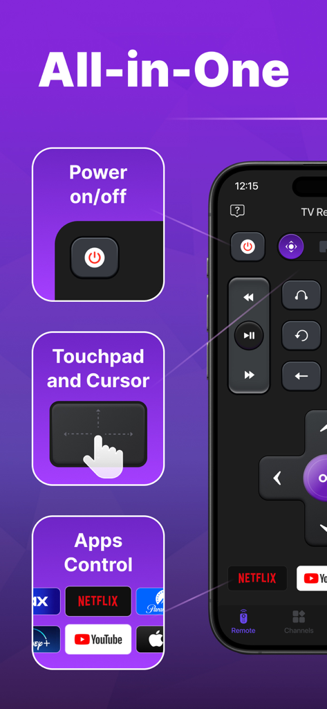 Universelle TV-Fernbedienungs-App-Oberfläche mit Power-Steuerung, Touchpad und App-Verknüpfungen für Streaming-Dienste