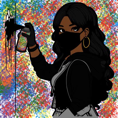 realistic girl with mask spray painting a wall