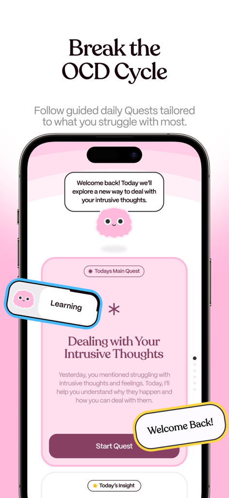 OCD Support App - ObsessLess - ObsessLessアプリのインターフェース。強迫観念を管理するためのデイリークエストを表示しています。