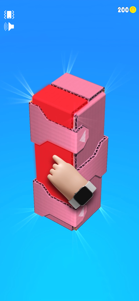 Open The Box - Une main avec une montre connectée touche pour déplier une boîte en carton rose dans le jeu de puzzle Open The Box