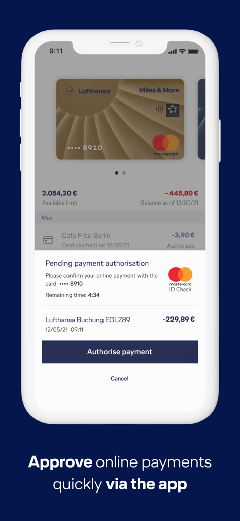 Miles & More Credit Card - Miles and More app interface showing a pending online payment authorization for a Lufthansa flight booking using Mastercard Identity Check.