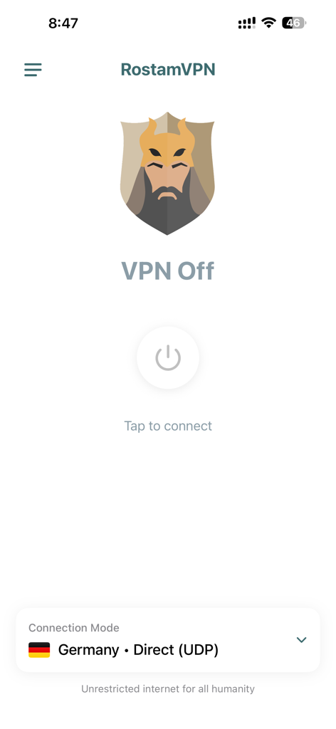 RostamVPN - Unlimited Fast VPN - RostamVPN home screen displaying a warrior shield logo with a one-tap connect button.