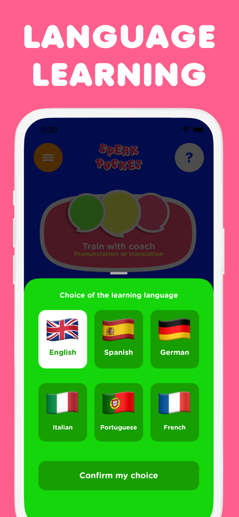 Spanish for kids, Speak Pocket - Language selection screen in Speak Pocket app showing flags for English Spanish German Italian Portuguese and French