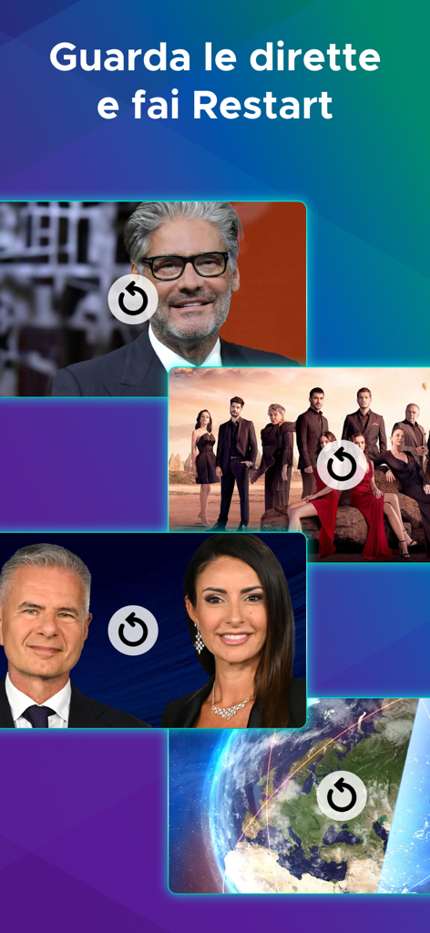 Mediaset Infinity app interface showing live TV programs and the restart feature