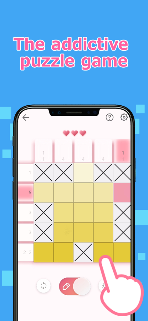 Gameplay von Logic Art Nonogramm-Rätsel, das ein 5x5-Gitter mit gelben Quadraten und X-Markierungen zeigt.