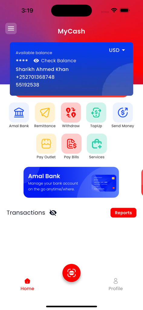 MyCash Subscriber - Startbildschirm der MyCash Subscriber App mit verfügbarem Guthaben und Geldtransferdiensten.