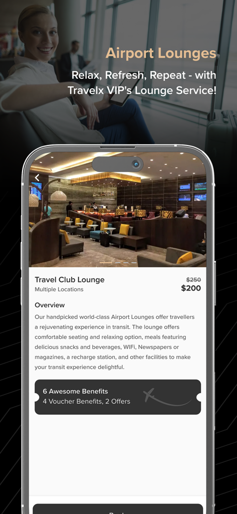 Travel VIP - Interface of the Travel VIP app displaying airport lounge access details and pricing