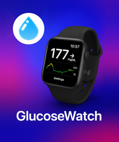 Aplicación GlucoseWatch en Apple Watch mostrando niveles de glucosa en sangre y gráfico de tendencias