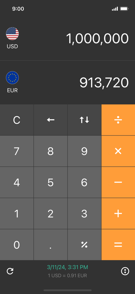 Currency converter calculator! - Currency converter app interface showing USD to EUR conversion with a calculator keypad
