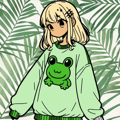 girl wearing frogging sweatshirt