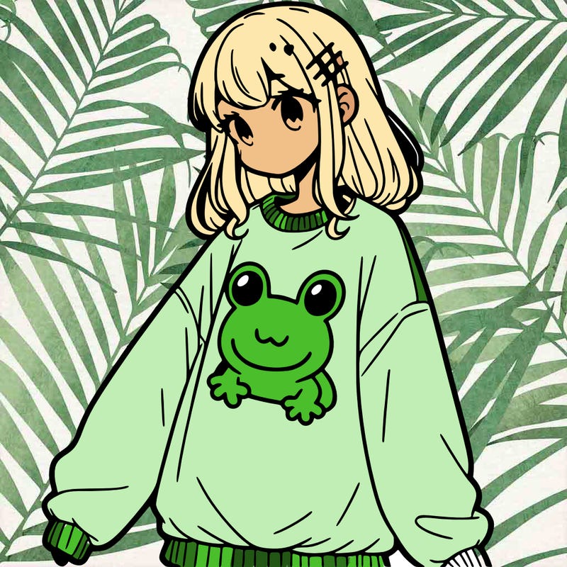 girl wearing frogging sweatshirt