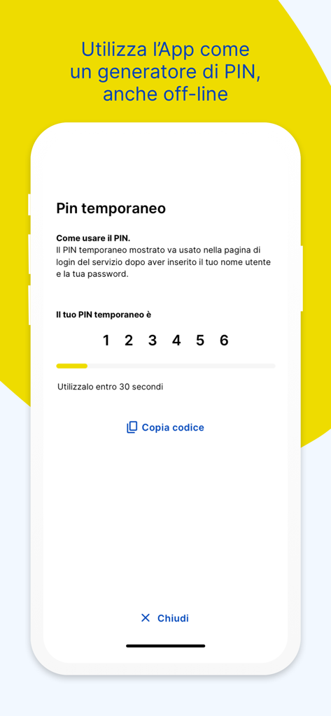 PosteID app interface displaying a temporary six-digit PIN for offline authentication