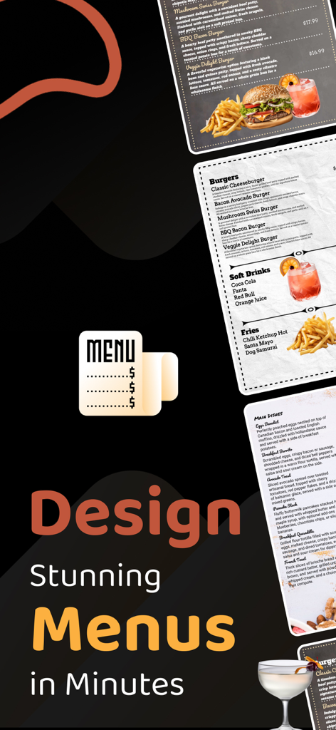 Menu Maker - Price List PDF - Promotional screen for the Menu Maker app displaying various restaurant menu templates and food photography