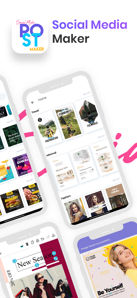 Social Media Post Maker 2025 - Interfaz de la aplicación Creador de Publicaciones para Redes Sociales que muestra plantillas de diseño para estilos de viajes, moda y minimalistas