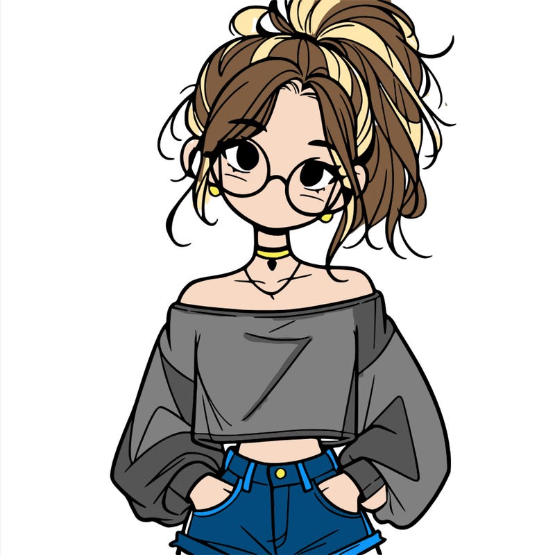 girl with a messy ponytail glasses a baggy crop top and jean shorts