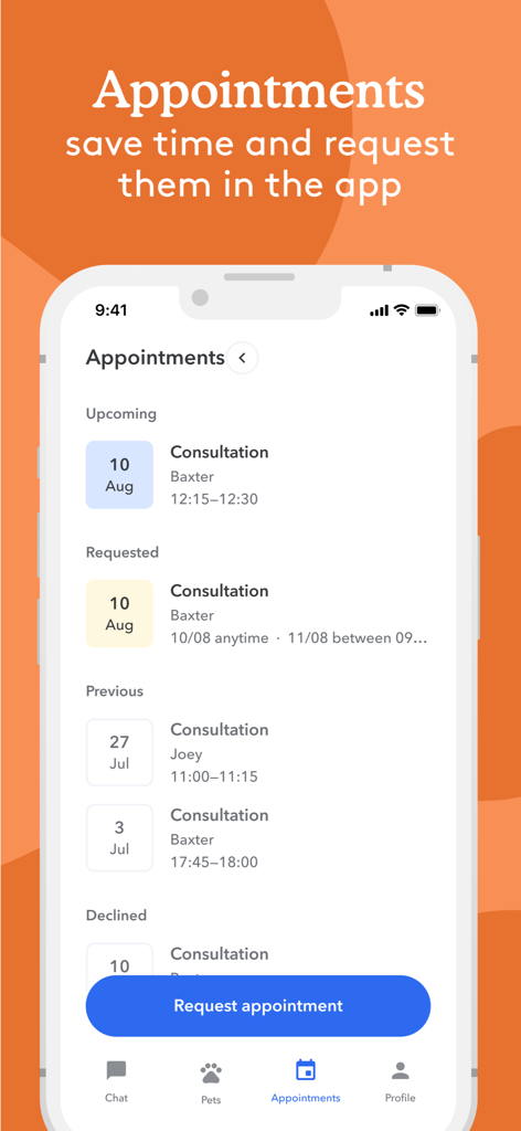 A smartphone interface showing a list of upcoming and requested veterinary appointments for pets named Baxter and Joey on PetsApp